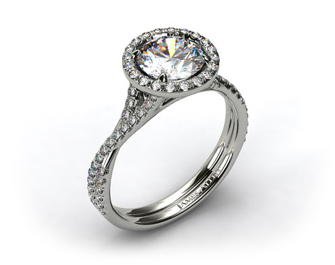 14k White Gold Pave Halo and Twisted Shank Solitaire
